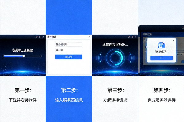 分步图示从安装软件到成功连接服务器的操作界面