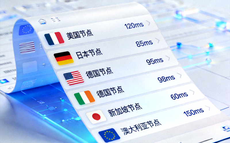 服务器列表展开视图，展示多个国家节点及其延迟数值