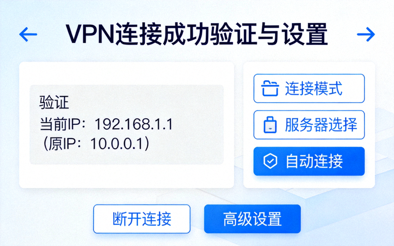 VPN连接成功验证与设置页面示意图，显示IP已变更和设置选项