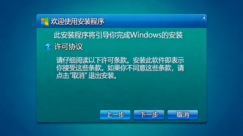 Windows系统安装向导界面，显示欢迎和许可协议步骤